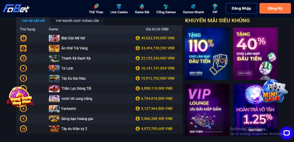 Khuyến mãi theo từng sảnh game VMAX